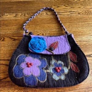 Rising Tide 100% Wool Purple and Black Felt Floral Shoulder Bag Boho